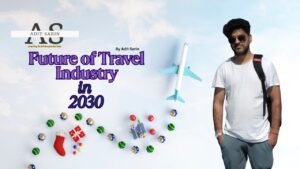 Futuristic travel concept showing digital globe, AI icons, and eco-friendly transportation with text “Future of Travel Industry in 2030 – Article by Adit Sarin